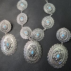 Silver-Tone Turquoise Accent Concho Necklace and Earrings Set